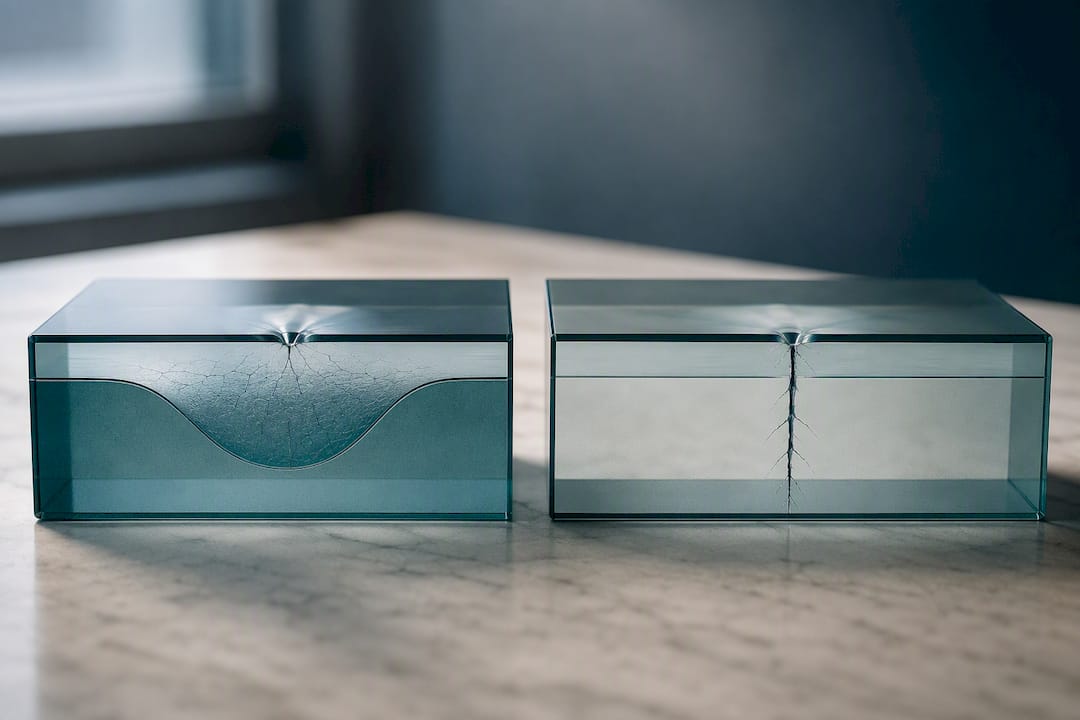 Cross-sections showing strengthened glass fracture paths