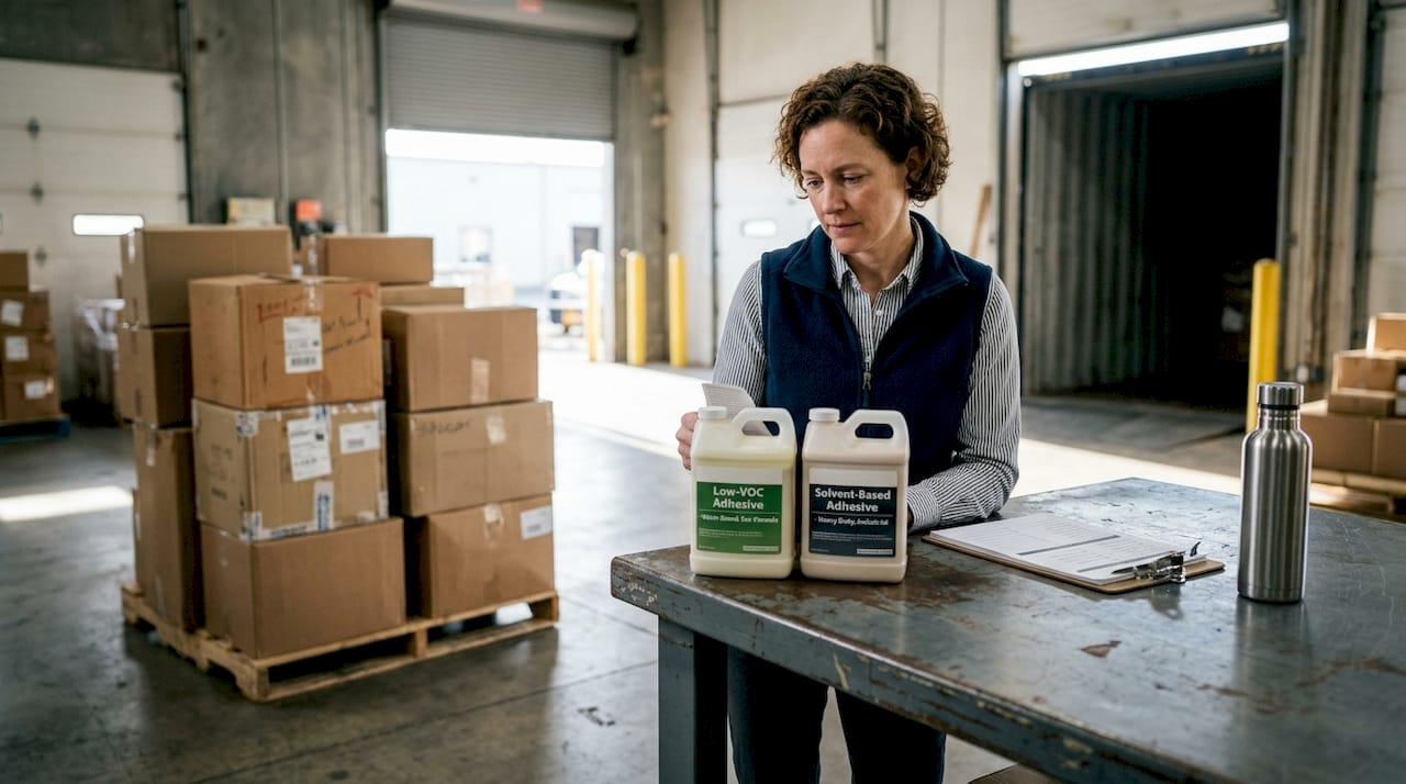 Engineer comparing water-based and solvent adhesives