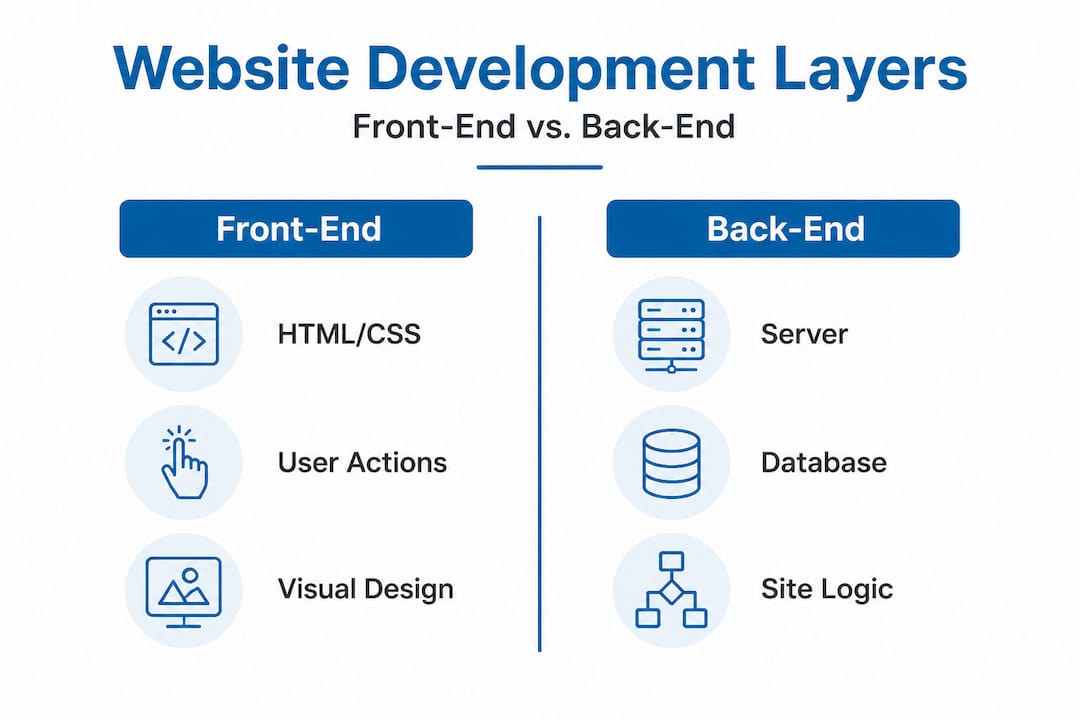 Split infographic contrasting front and back end development