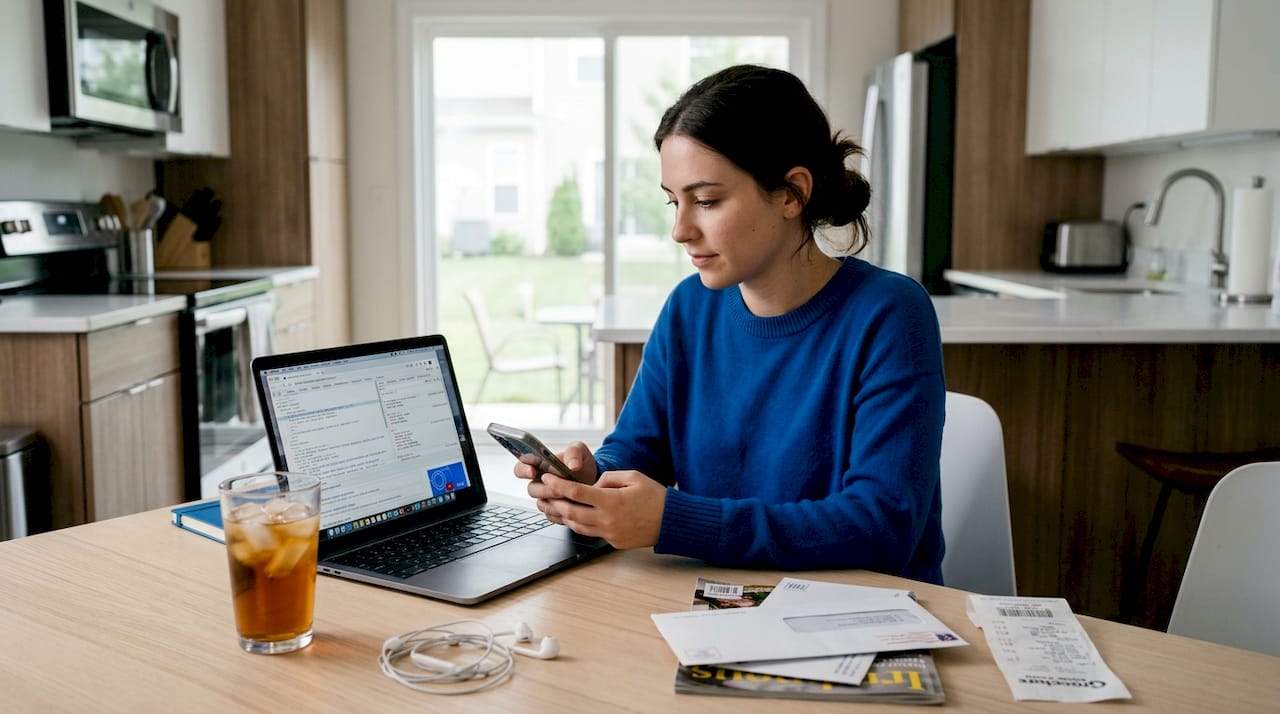 Developer testing mobile website at kitchen table