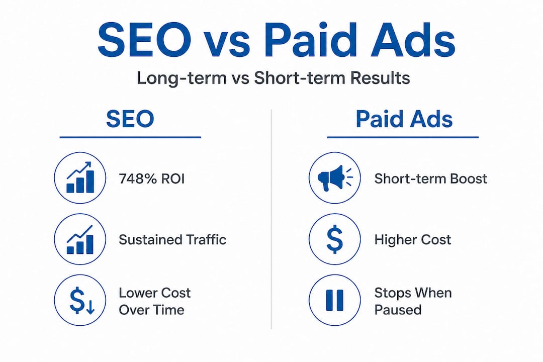 Infographic comparing SEO and paid advertising performance