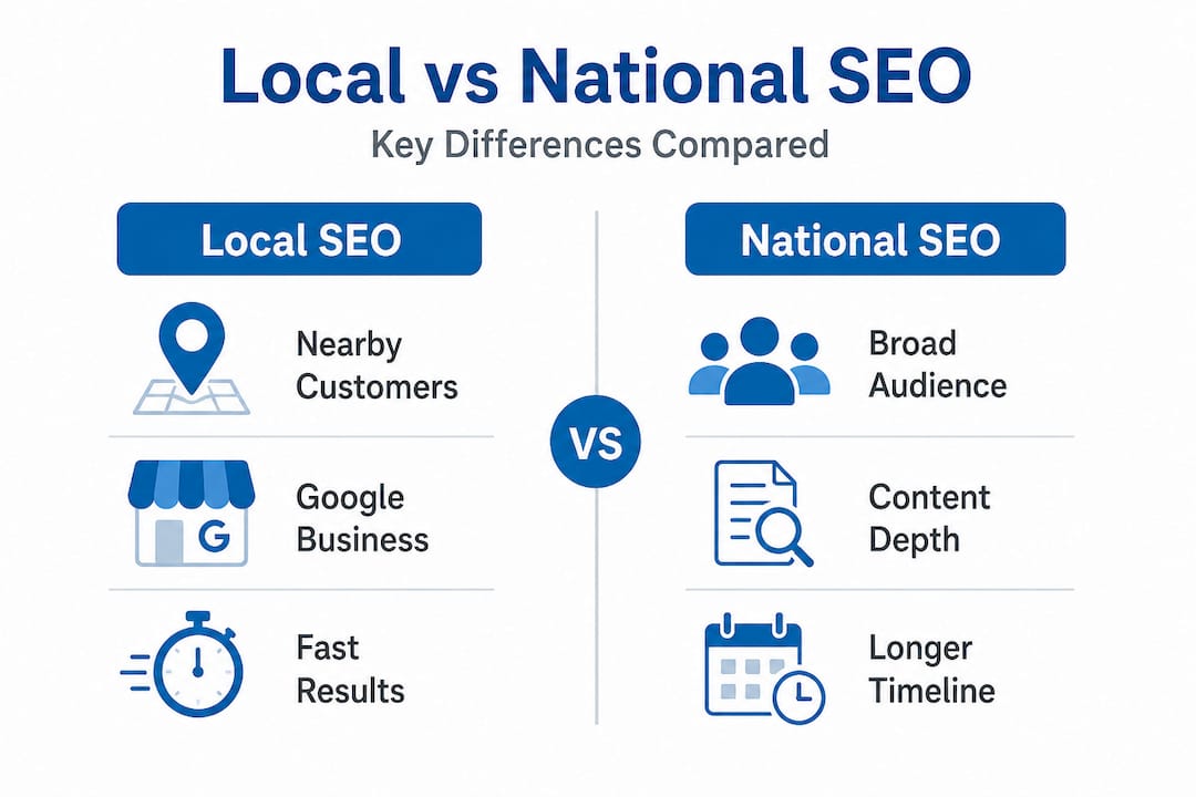 Infographic comparing local and national SEO differences