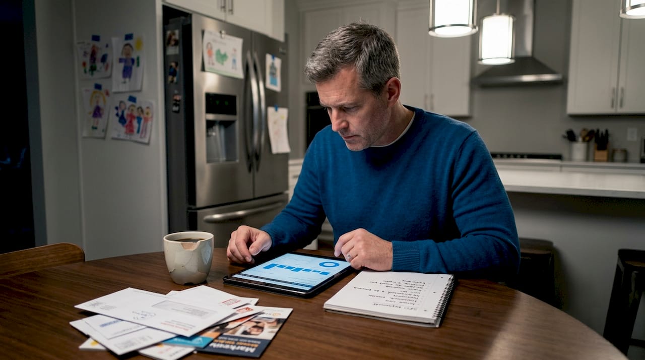 Man reviewing SEO results at kitchen table