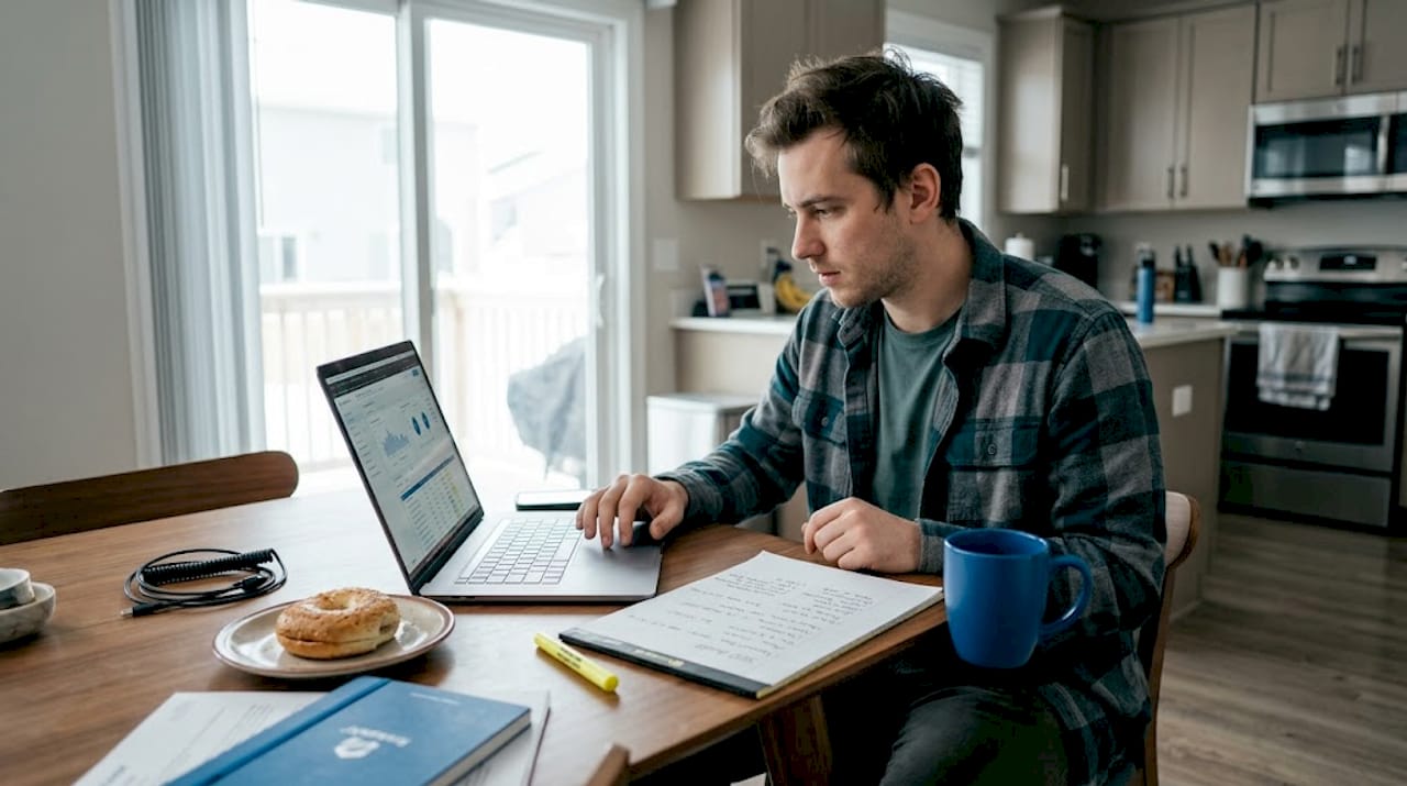 Marketer compares SEO audit tools at kitchen table
