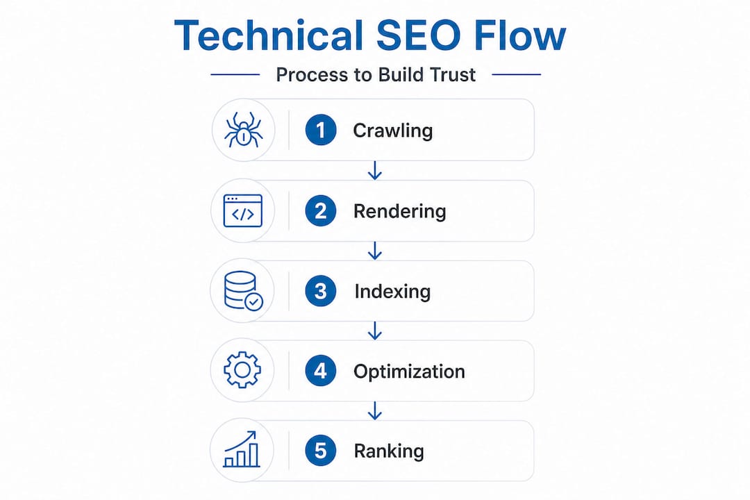 Infographic showing technical SEO process steps