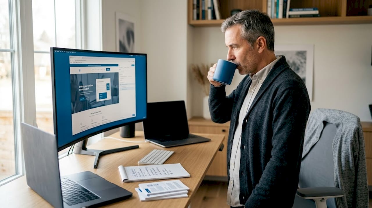 Business owner reviewing SEO web draft on monitor