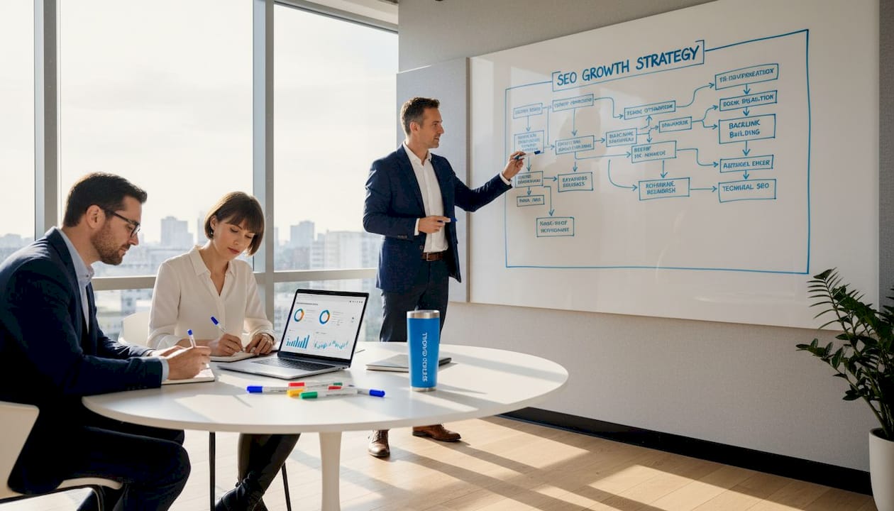 SEO team discusses strategy in office meeting