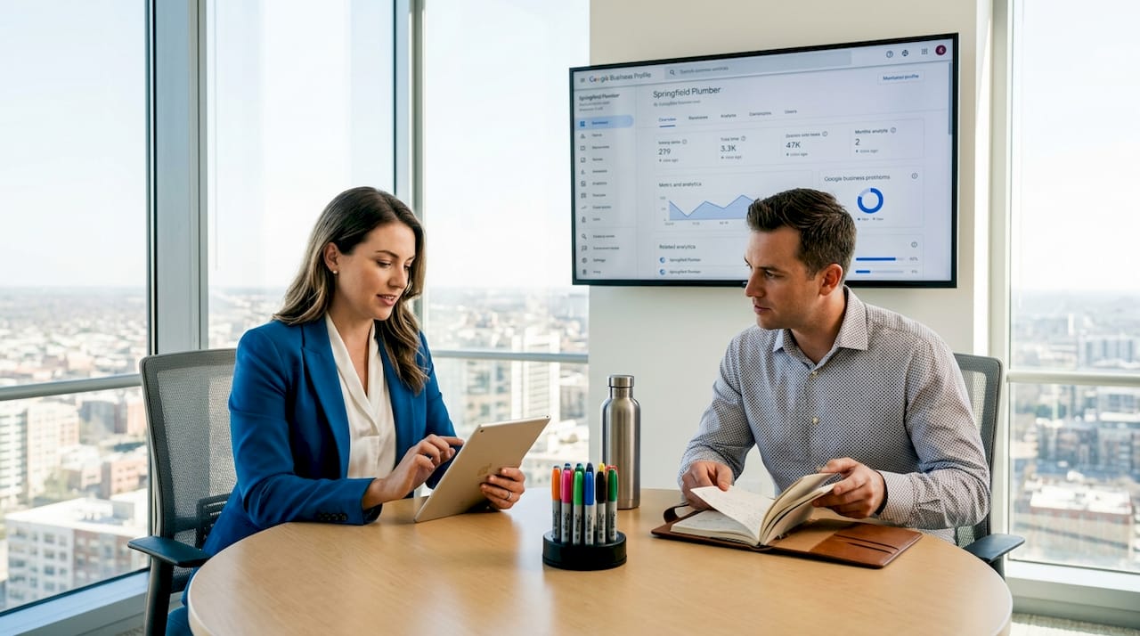 Team reviews local SEO profile at office meeting