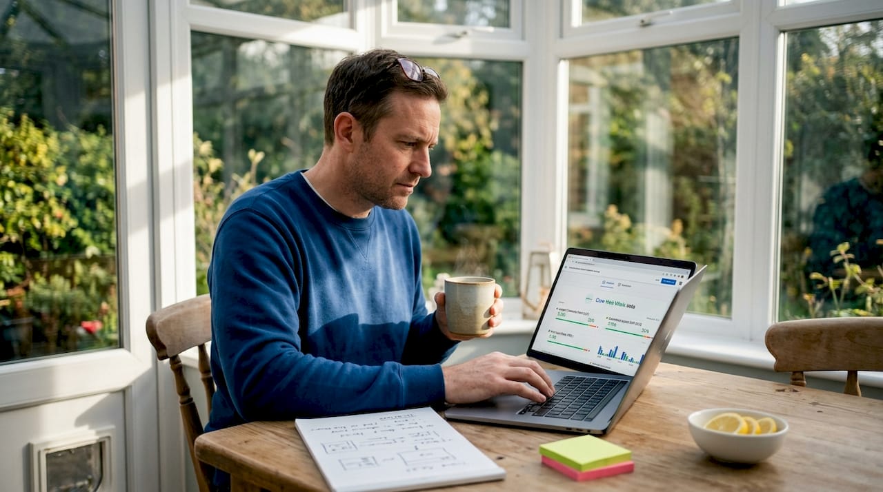 Man reviewing website speed results at kitchen table
