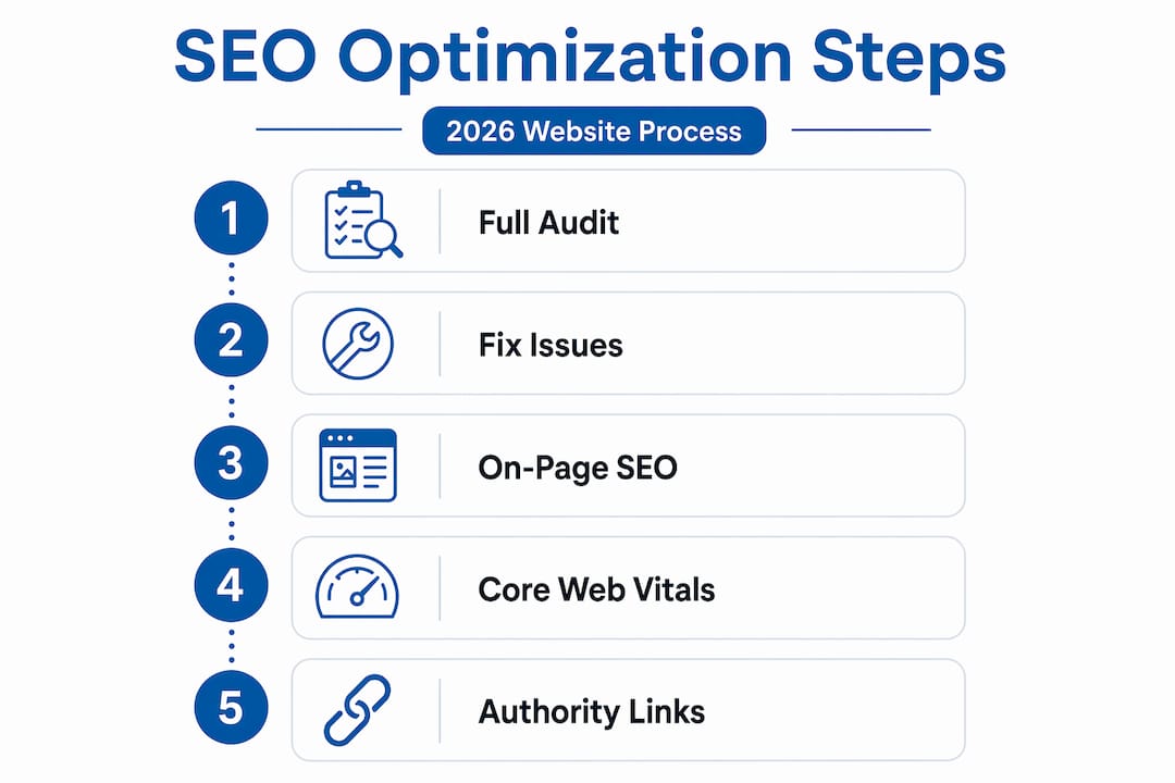 Infographic showing five-step website SEO optimization process