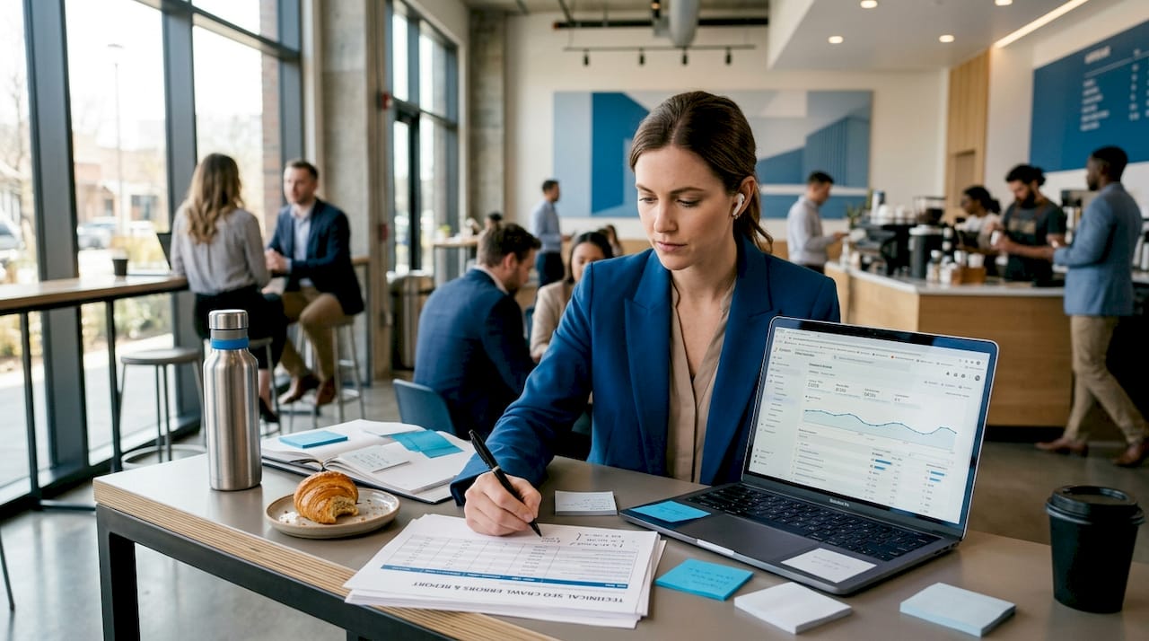 Woman running technical SEO audit in coworking space
