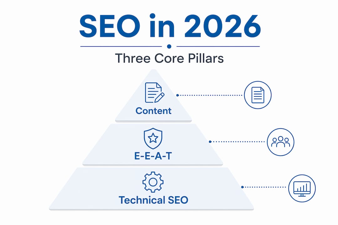 Hierarchy pyramid of SEO core pillars in 2026