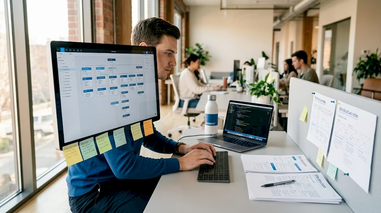 Designer evaluating website structure for SEO
