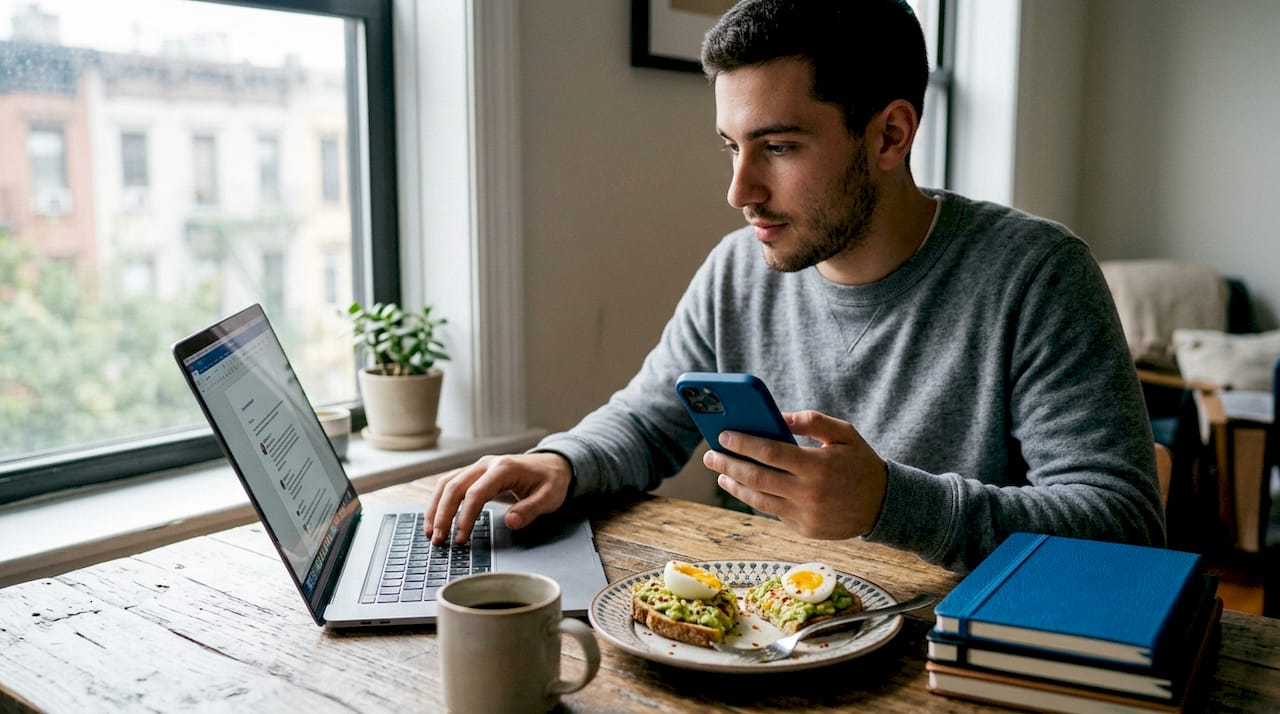 Man multitasking with laptop and phone
