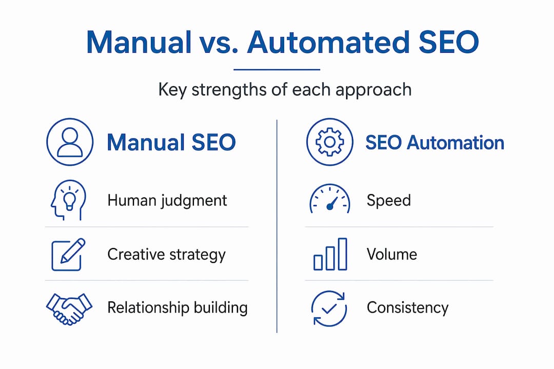 Infographic comparing manual and automated SEO strengths