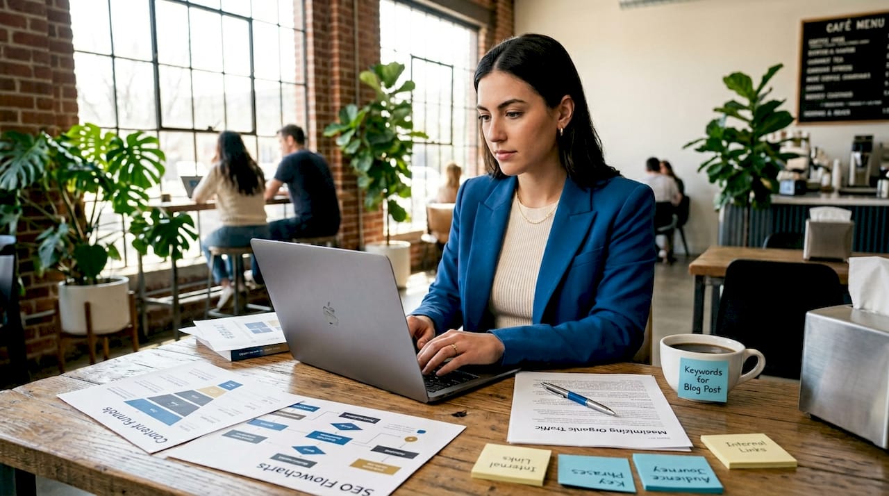 Content strategist working through SEO funnel charts