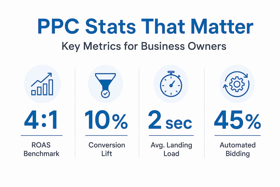 Infographic showing PPC optimization metrics and stats