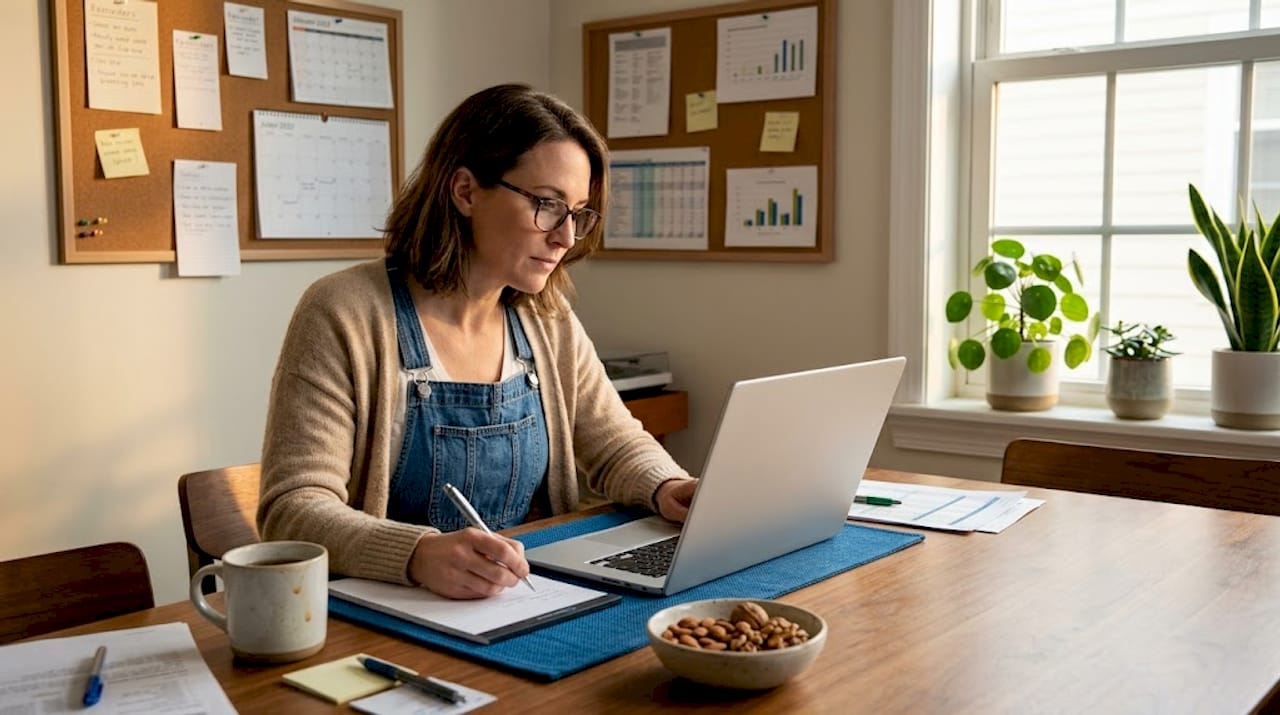 Professional reviewing SEO audit spreadsheet at counter
