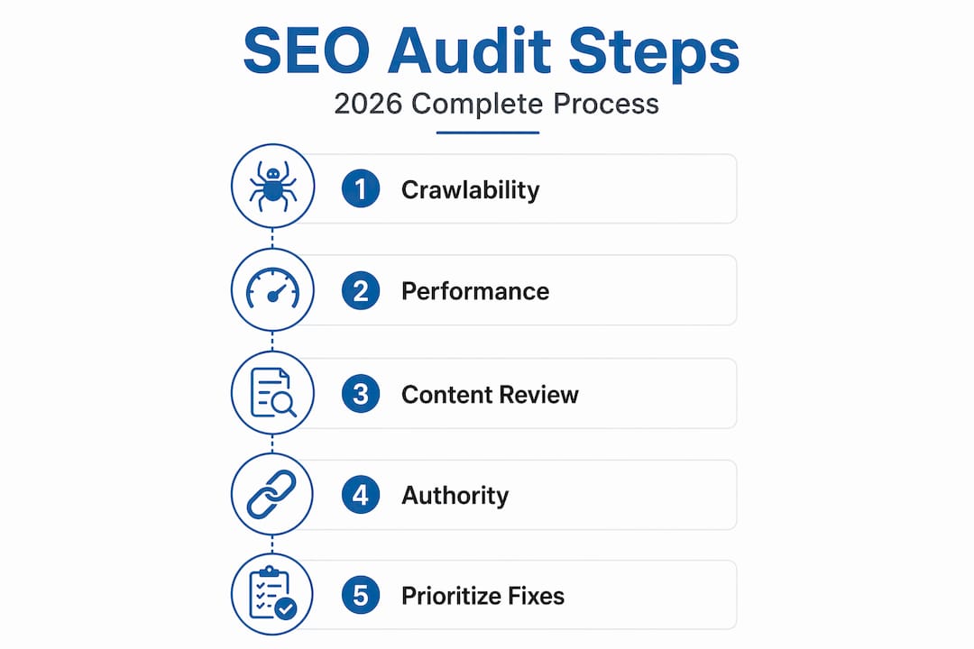 Infographic showing five SEO audit process steps
