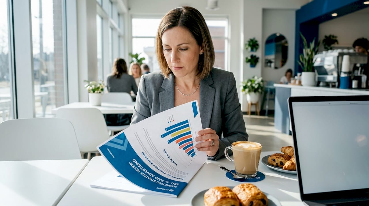 Manager compares SEO and paid advertising reports