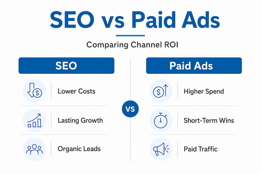 Infographic comparing SEO and paid channels ROI