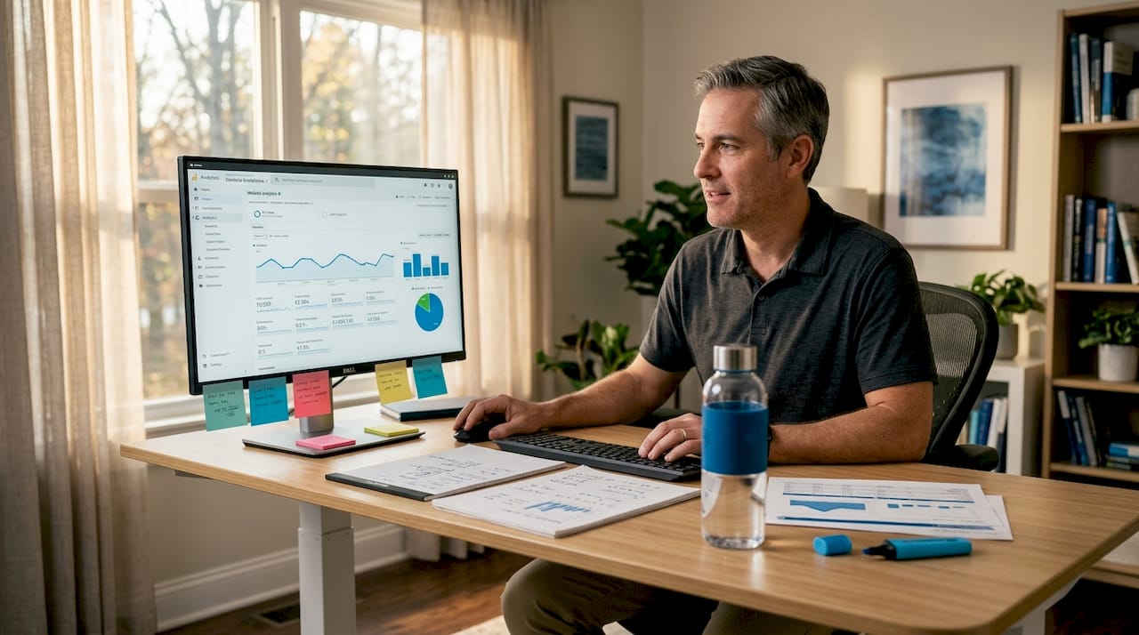 Content editor checks site analytics in office
