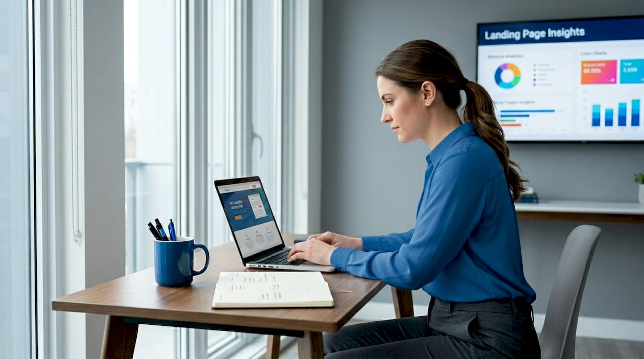 Woman reviewing PPC landing page at home