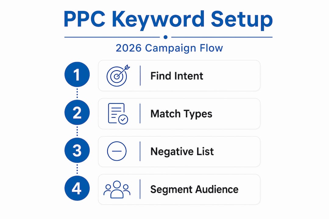 PPC keyword research steps illustrated infographic