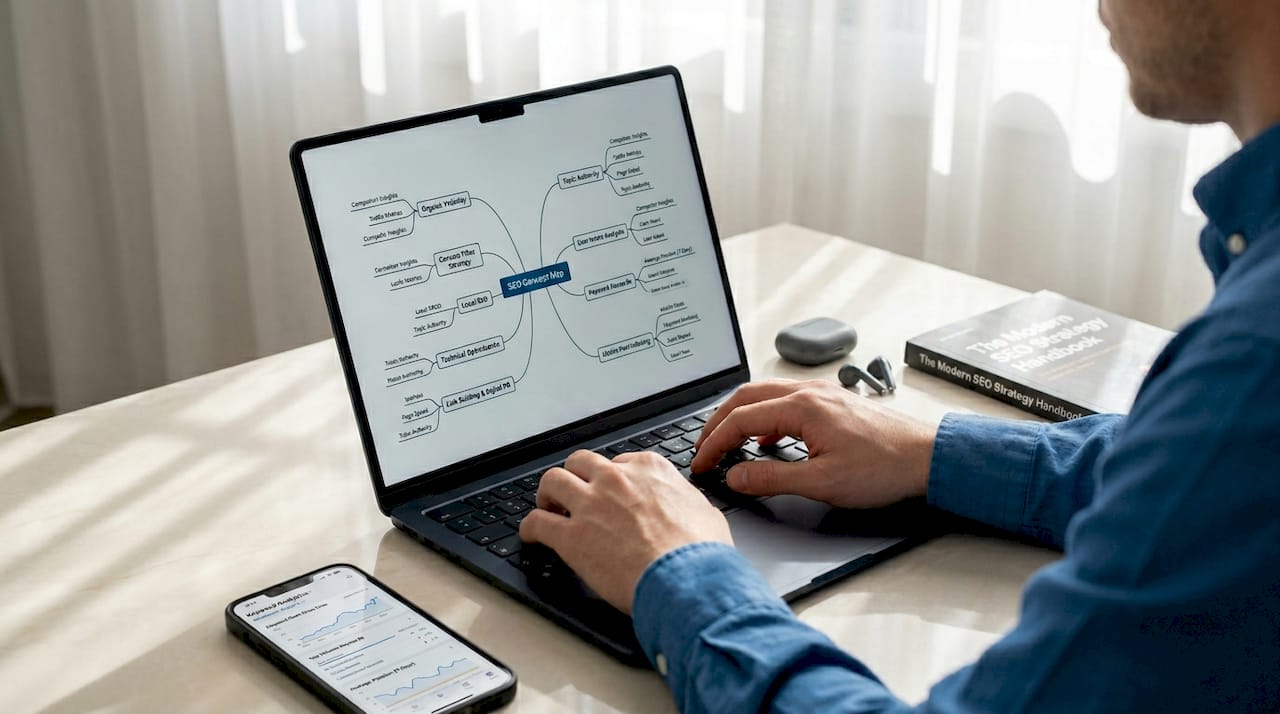 SEO concept map on laptop screen with analytics
