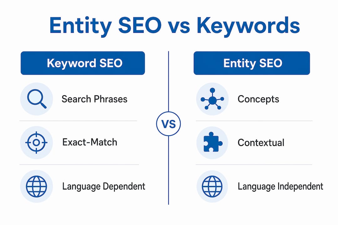 Infographic comparing entity SEO and keyword SEO
