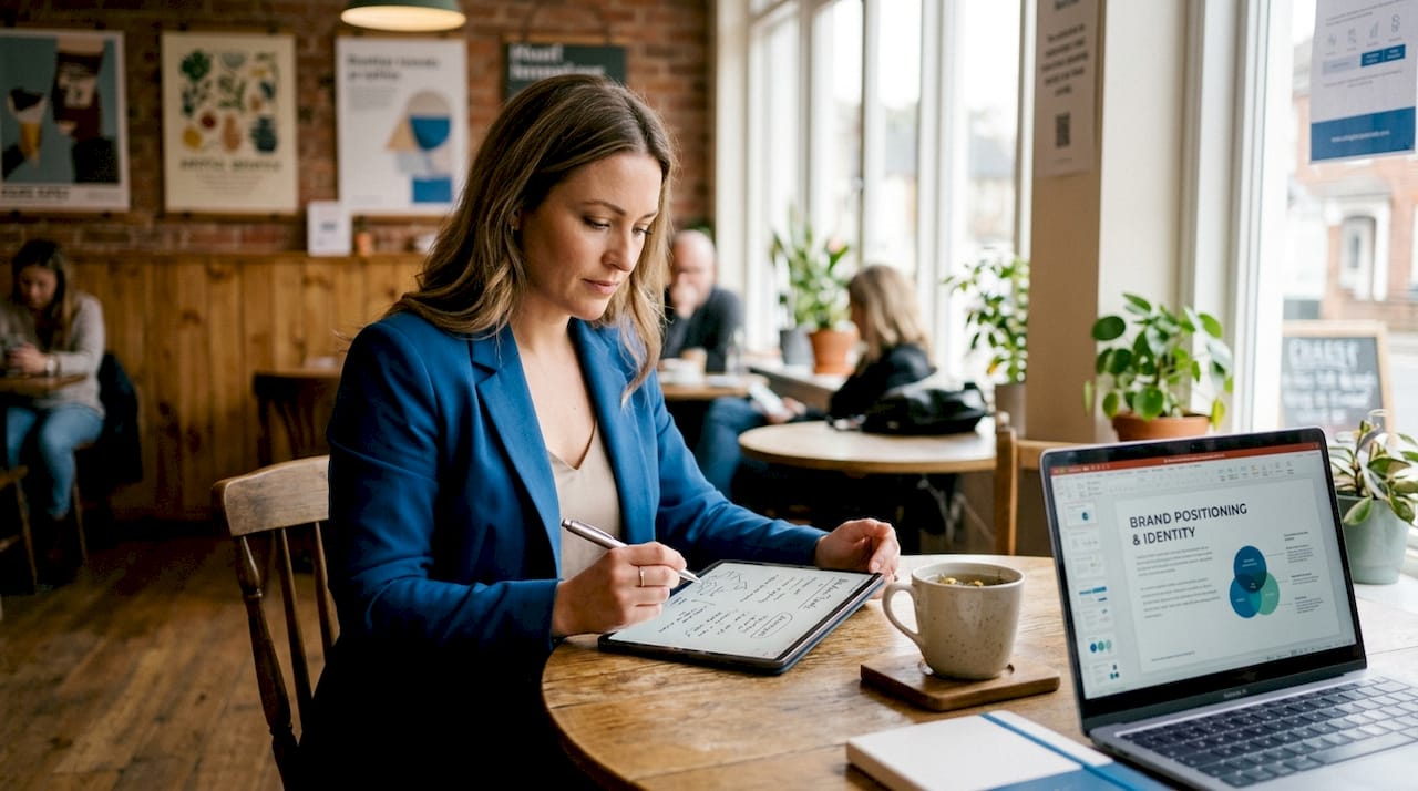 Brand strategist reviewing positioning notes