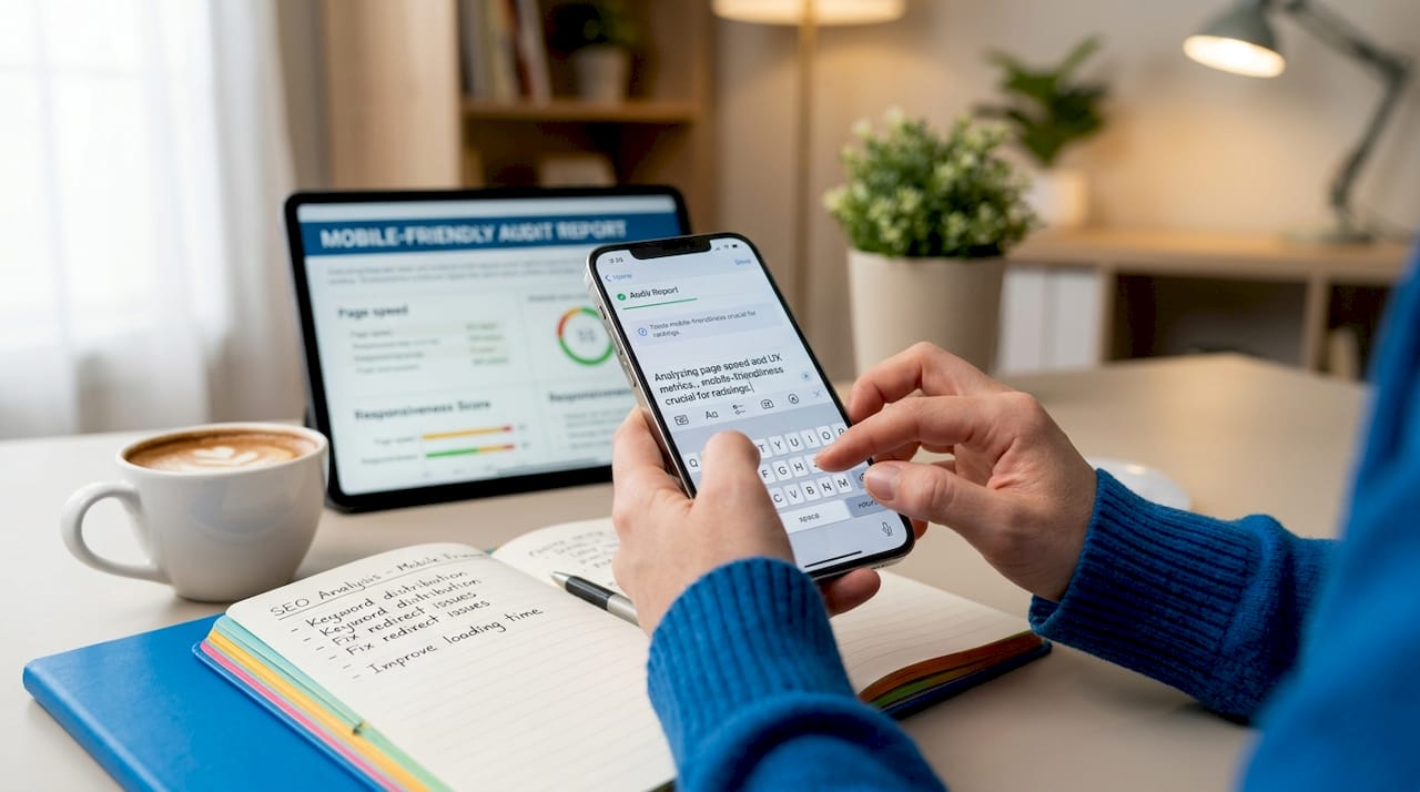 Hands typing on phone with SEO report nearby