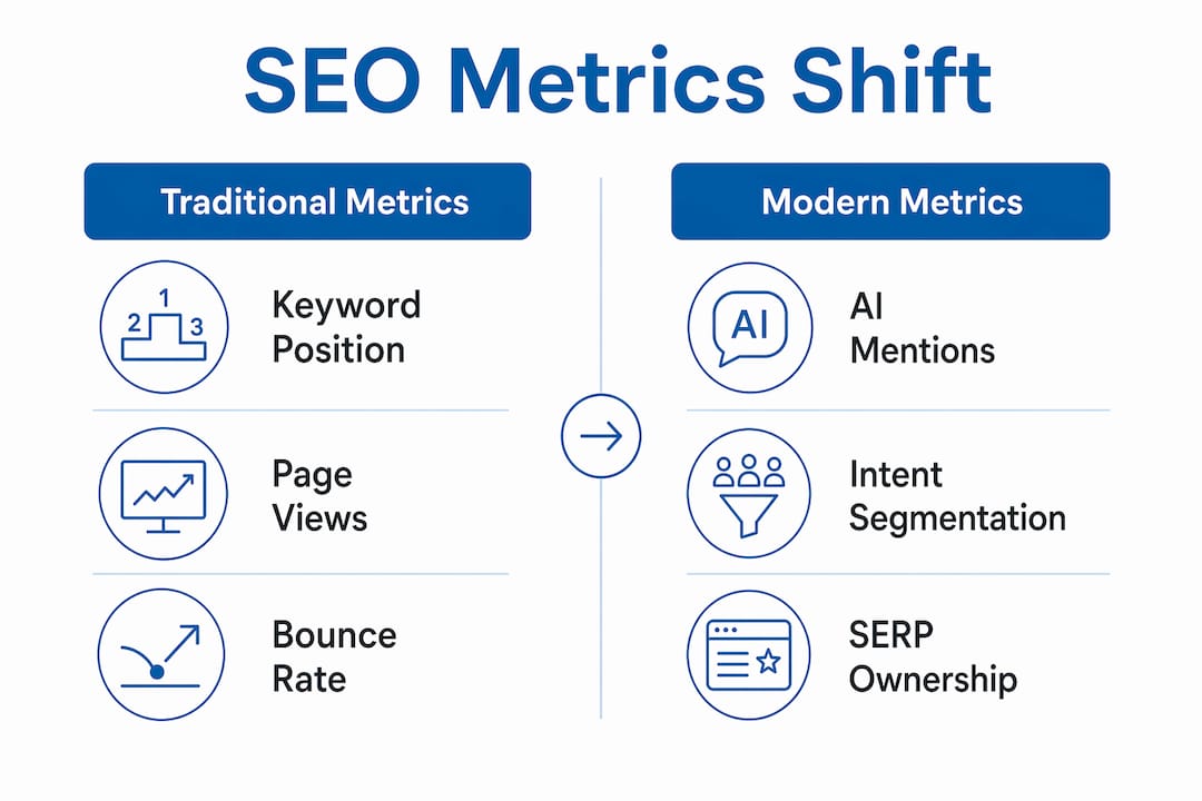 Infographic comparing traditional and modern SEO metrics