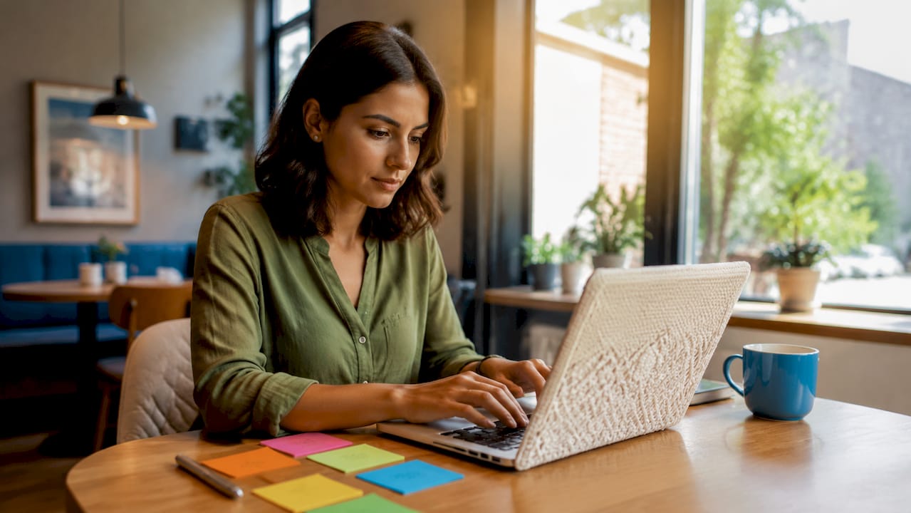 Hands typing on keyboard with sticky notes