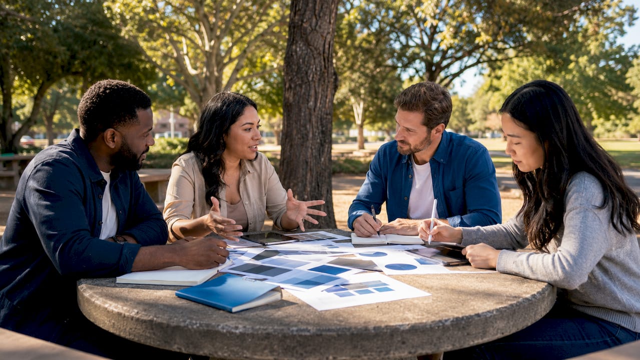 Marketing team collaborating on brand identity concepts