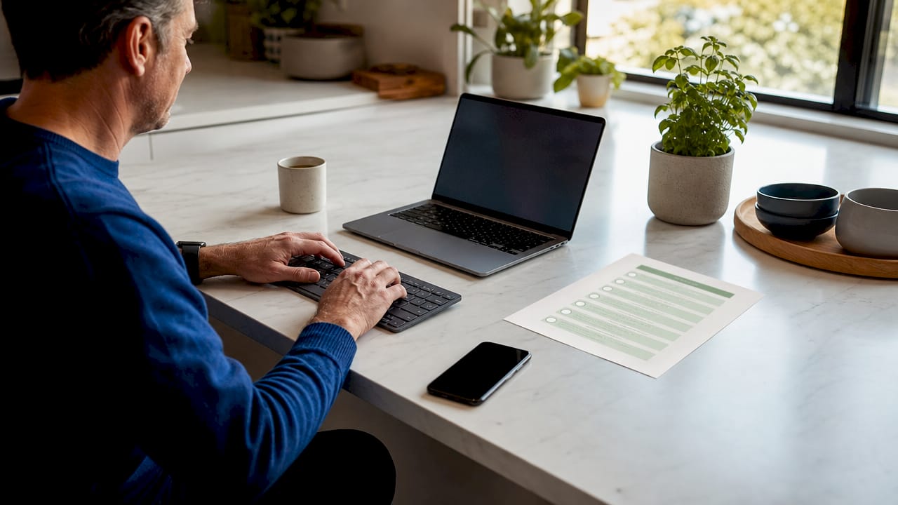 Hands typing with mobile optimization notes nearby