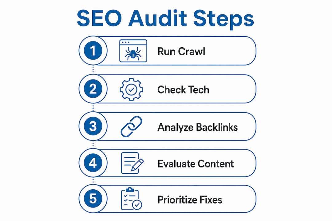 Infographic showing steps of an SEO audit process