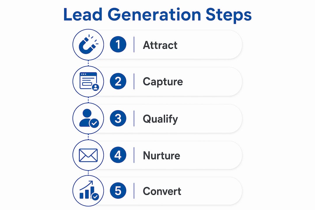 Vertical flow infographic of lead generation steps