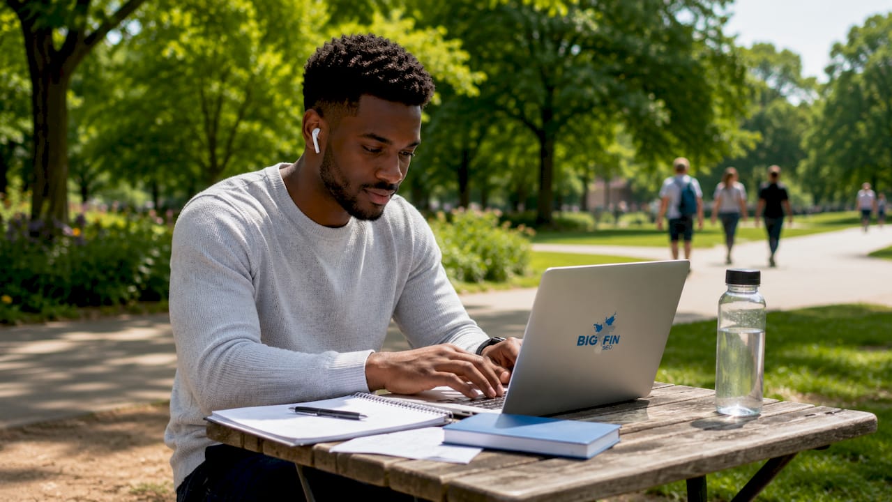 Man typing blog post in coworking space