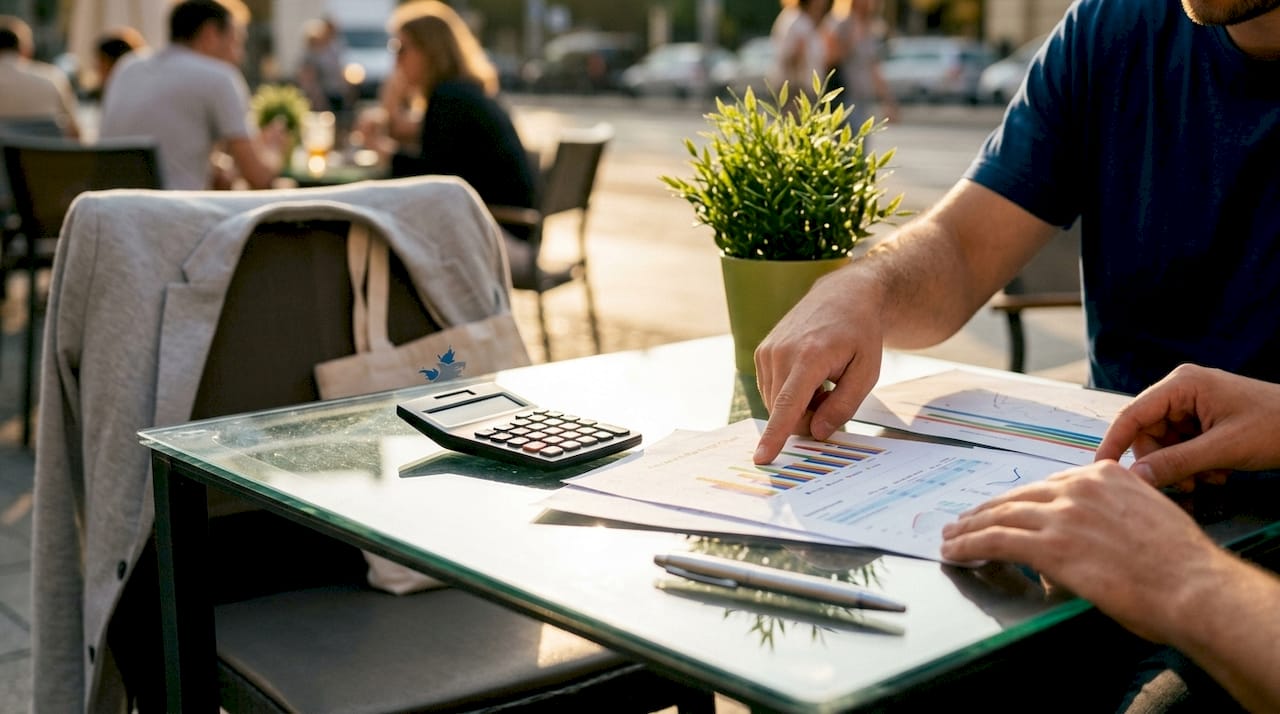 Hands calculating search visibility scores with charts
