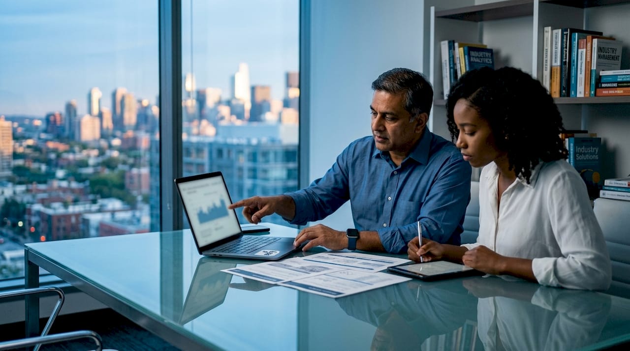 SEO consultants discussing reporting tools