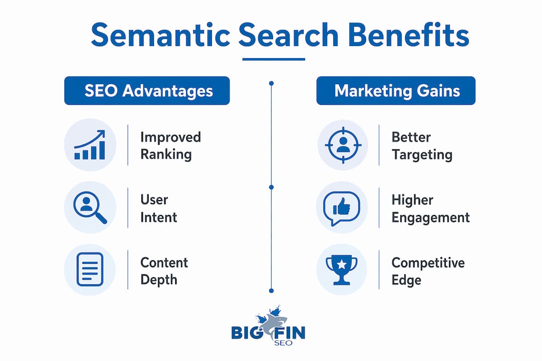 Infographic comparing SEO and marketing benefits of semantic search