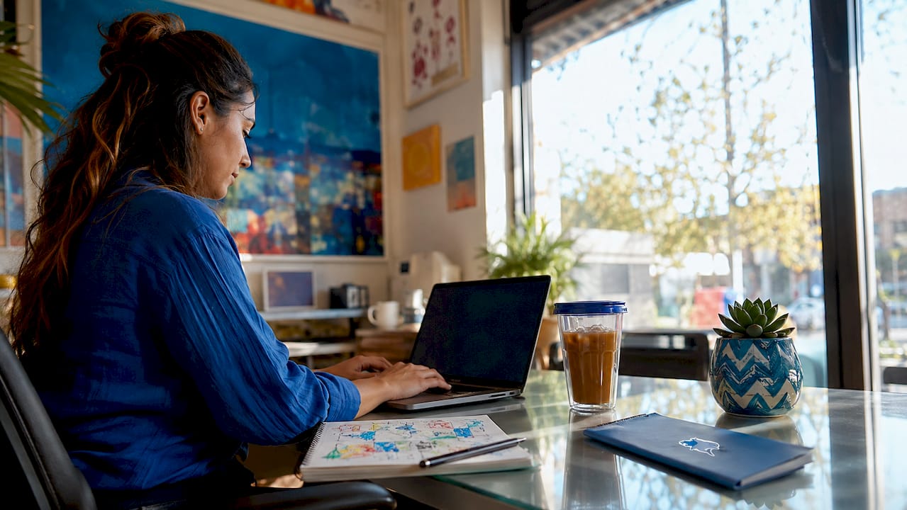 Content creator working at home office desk