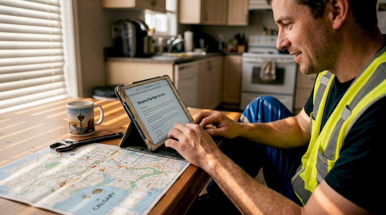Plumber using tablet for local service content