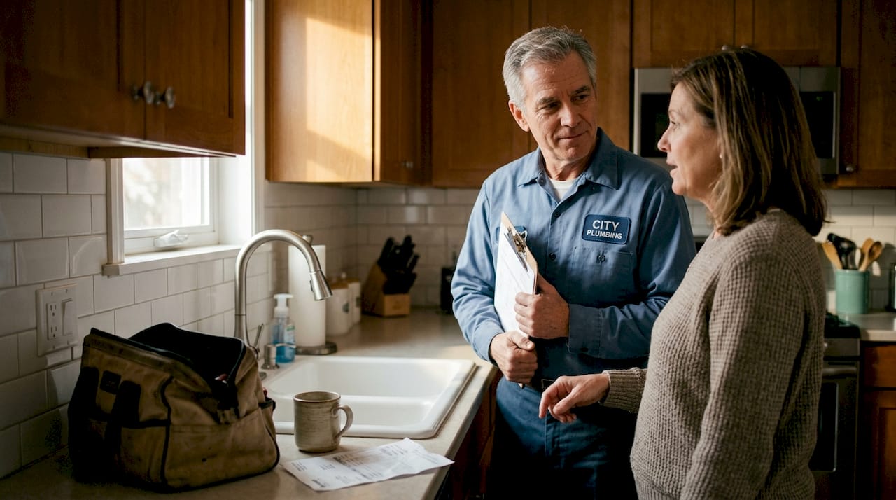 Plumber discussing repair with homeowner near sink