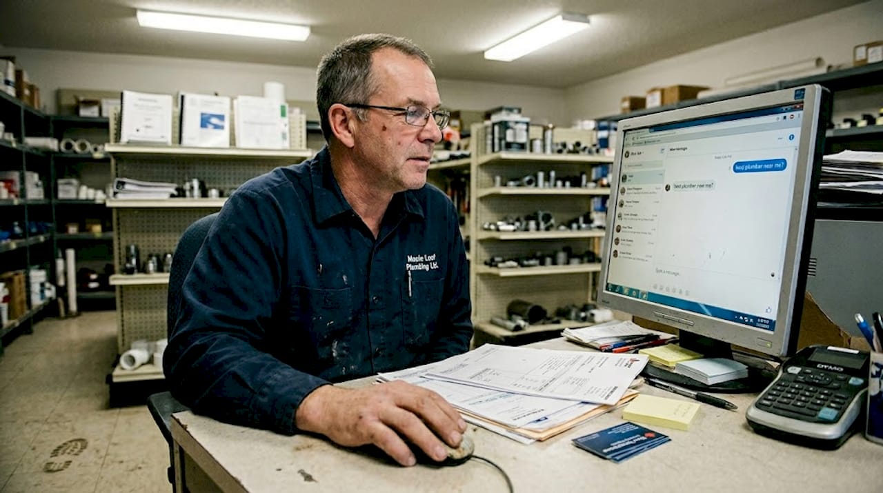Plumber reading AI-powered search on computer screen