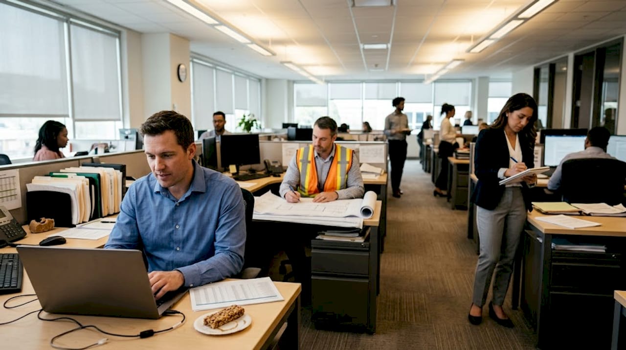 Accountant, engineer, and consultant at work desks
