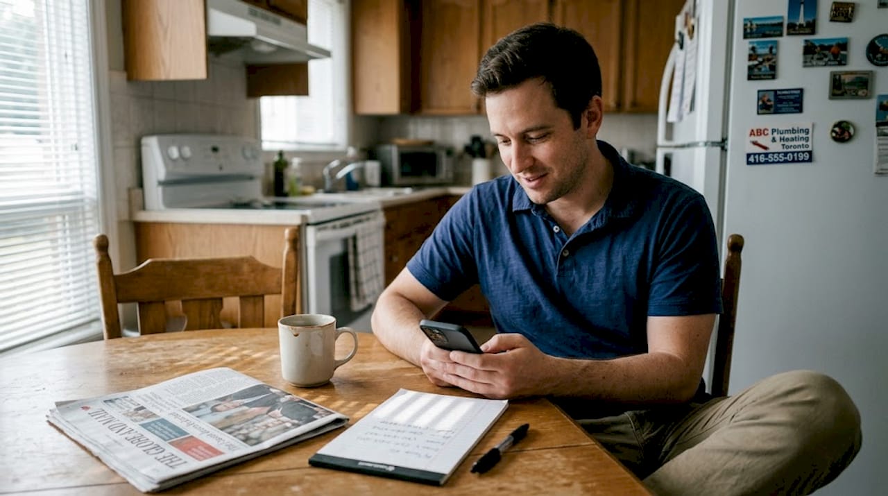 Customer books service via smartphone at kitchen table