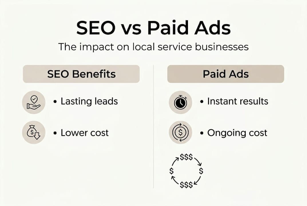 Infographic comparing SEO and paid ads benefits