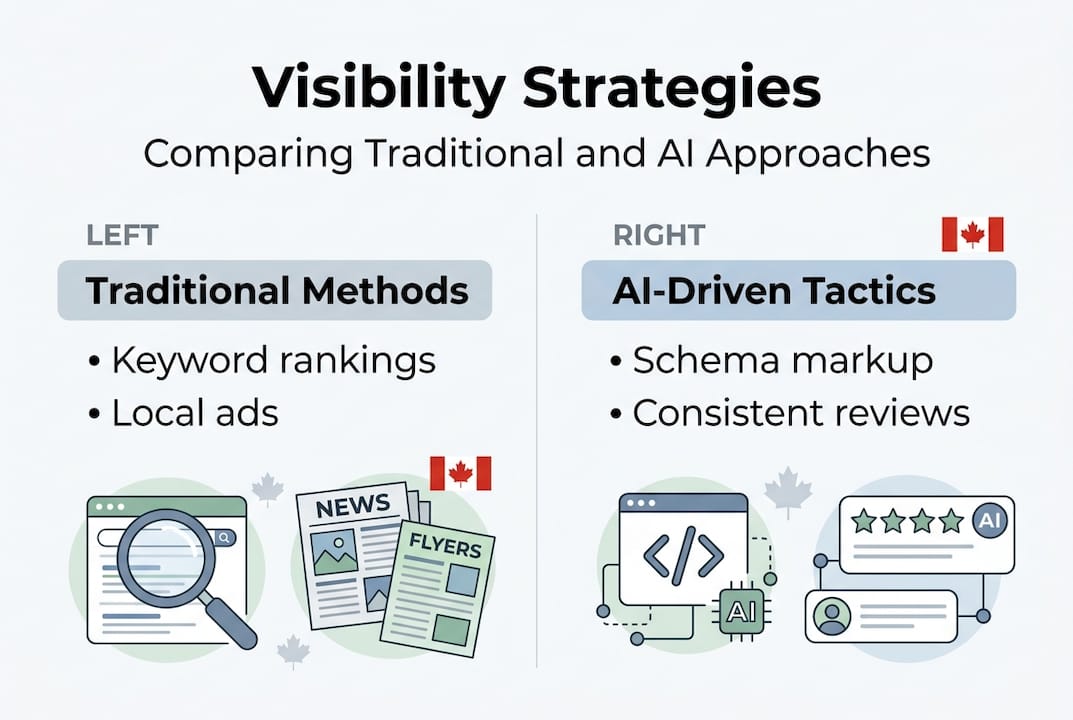 Infographic compares visibility strategies for businesses
